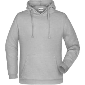A grey men's hoodie featuring a front pocket and a drawstring hood, with a branding logo present.