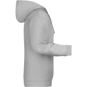 A grey men's hoodie featuring a front pocket and a hood, designed in a side profile view. It includes a logo.