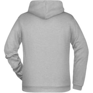 A grey men's hoodie with a back view, featuring a hood and a smooth fabric finish. It includes a logo.
