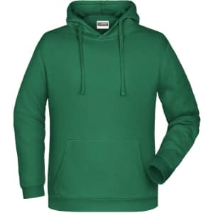 A green men's hoodie featuring a front pocket and a hood with drawstrings. It has a logo on the front.