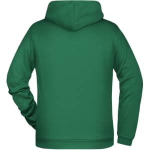 A green men's hoodie with a spacious hood and long sleeves, featuring a plain back and a logo.
