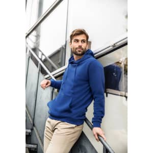 A men's hoodie in navy blue with a front pocket and adjustable drawstring hood, featuring a logo.