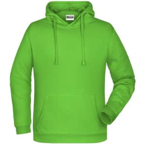 A bright green men's hoodie featuring a front pocket and a drawstring hood. It has a logo.