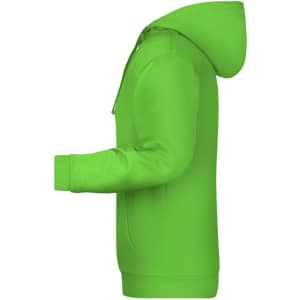 A green men's hoodie with a hood and long sleeves, featuring a side profile and full zipper.