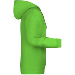 A bright green men's hoodie featuring a hood and long sleeves, with a side view showcasing its design and fit.