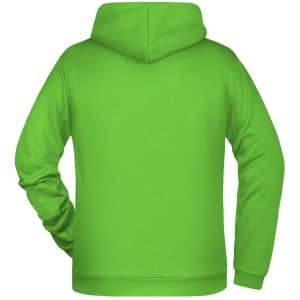 A green men's hoodie with a hood and long sleeves, featuring a plain back design.
