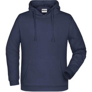 A navy blue men's hoodie featuring a front pocket and drawstring hood, with a logo on the chest.