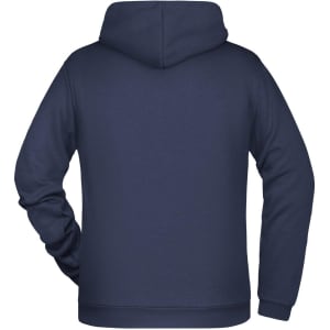 A navy blue men's hoodie with a hood and long sleeves, featuring a plain design on the back.