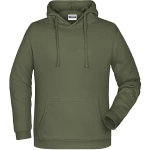 A green men's hoodie with a front pocket and a drawstring hood. It features a logo on the chest.