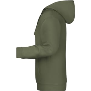 A men's promo hoodie in olive green colour, featuring a hood and long sleeves, with a side view showcasing its style.