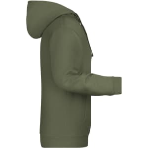 A men's hoodie in olive green with a hood and a side view showcasing the fit. It includes a logo.