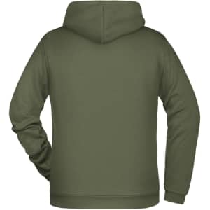 A green hoodie with a hood, featuring a plain back design and long sleeves. Includes a logo on the garment.