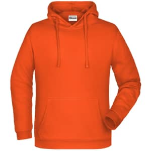 An orange men's hoodie with a front pocket and a drawstring hood, featuring a branding logo.