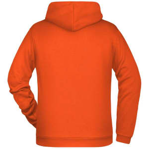 An orange men's hoodie featuring a spacious hood and a relaxed fit, showcasing the back view.