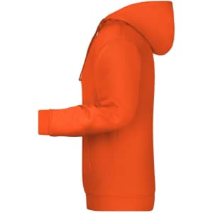 An orange men's hoodie with a kangaroo pocket and a hood, featuring a logo on the front.