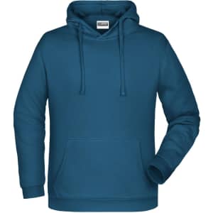 A men's promo hoodie in a deep teal colour, featuring a front pocket and a drawstring hood. It has a logo on it.