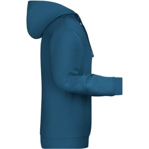 A blue men's hoodie featuring a hood and long sleeves, with a side view showcasing its fit.