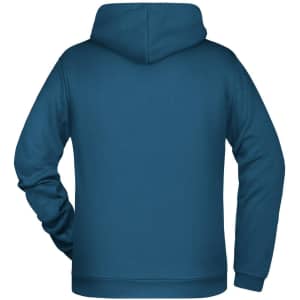 A blue men's hoodie featuring a hood and long sleeves, with a plain back and a logo.
