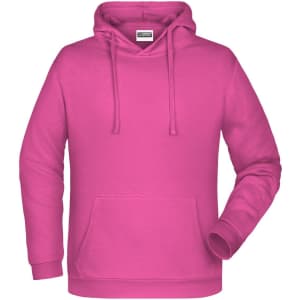 A pink men's hoodie featuring a front pocket and a drawstring hood, with a logo on the chest.