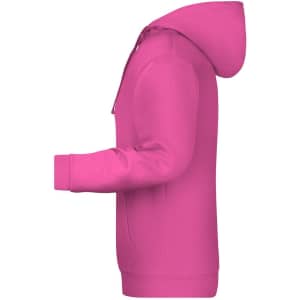 A pink men's hoodie featuring a front pocket and adjustable hood, with a logo on it.