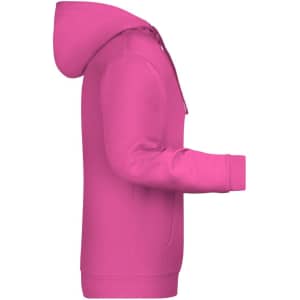 A pink men's hoodie featuring a hood and long sleeves, with a side view showcasing its design and shape.