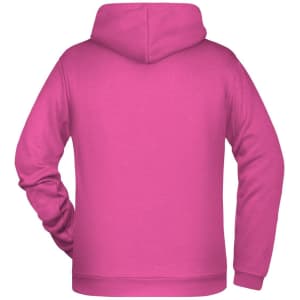 A pink men's hoodie featuring a hood and long sleeves, with a logo on the back.
