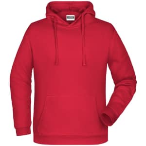 A red men's hoodie featuring a front pocket and a drawstring hood. It includes a logo on the front.