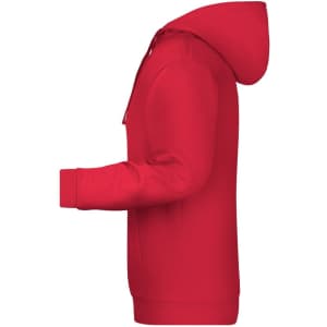 A red men's hoodie featuring a kangaroo pocket and a branded logo on the front.