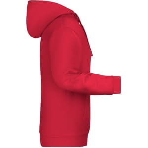 A red men's hoodie featuring a kangaroo pocket and a hood. It has a logo on the front.