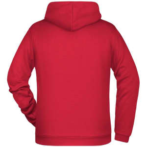 A red men's hoodie featuring a drawstring hood and long sleeves, with a simple design on the back.