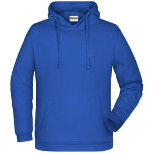 A blue men's hoodie with a front pocket and a drawstring hood. It features a logo on the label.