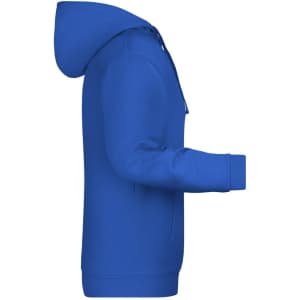 A blue men's hoodie with a hood, featuring long sleeves and a front pocket, and has a logo.