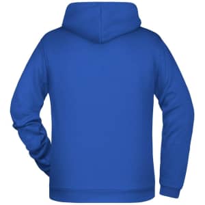 A blue men's hoodie featuring a kangaroo pocket and a hood, with a logo on the back.