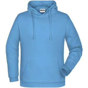 A light blue men's hoodie features a front pocket and a hood, with a brand logo present.