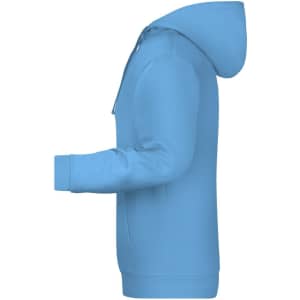 A light blue men's hoodie featuring a hood and a front pocket. It has a logo on the design.