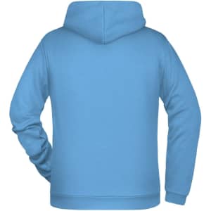 A blue men's hoodie with a spacious hood and long sleeves, featuring a plain back without any text or graphics.