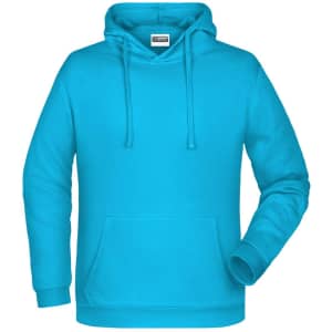 A turquoise hoodie with a front pocket, drawstring hood, and a branded label.