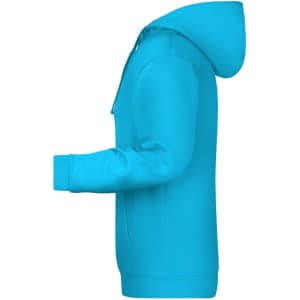 A bright blue men's hoodie featuring a kangaroo pocket and a hood, with a subtle logo on the front.
