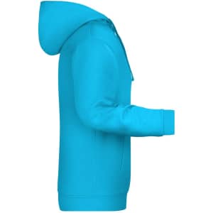 A vibrant blue men's hoodie with a hood, featuring a side view and long sleeves. It has a logo on the front.
