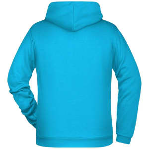A turquoise men's hoodie featuring a hood and long sleeves with a smooth back design.