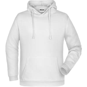 A white men's hoodie with a front pocket and a drawstring hood. The hoodie features a logo.