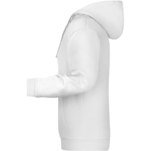 A white men's hoodie displayed from the side, featuring a hood and a front pocket. It has a simple design with a logo.