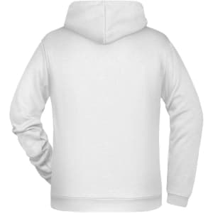 A white men's hoodie featuring a hood and a branded logo on the back.