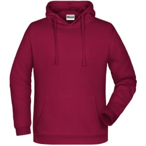 A maroon men's hoodie with a front pocket and drawstring hood, featuring a logo on the chest.