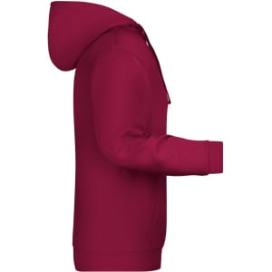 A red hoodie featuring a hood and kangaroo pocket, displayed from the side with a branding logo.