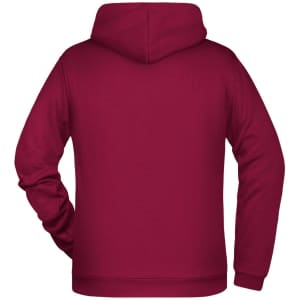 A maroon men's hoodie with a spacious back and a hood. Features long sleeves and a solid colour design.