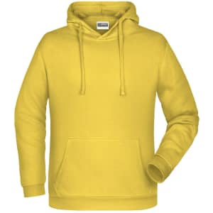 A yellow men's hoodie with a front pocket and an adjustable hood, featuring a logo.