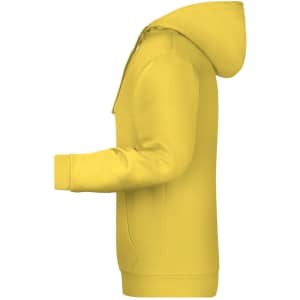 A yellow men's hoodie with a front pocket and attached hood, featuring a logo.