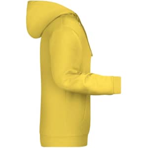 A yellow men's hoodie featuring a hood and long sleeves, with a front pocket and branding.