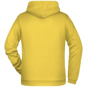 A yellow men's hoodie featuring a hood and long sleeves, with a plain back and a logo.